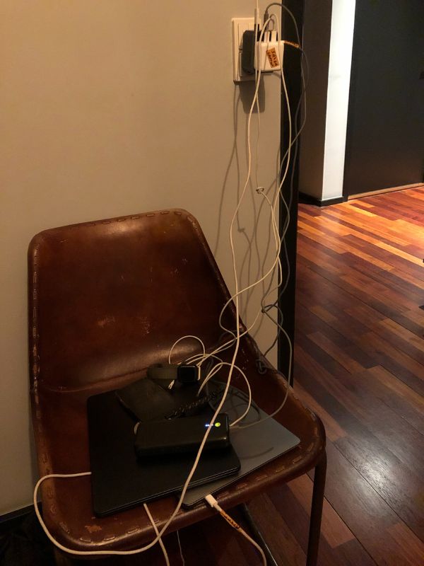 2 Speaking of design, here's the ungraceful clunky testimony to all the wires and plugs we need to set up in each new home to recharge our too-many devices