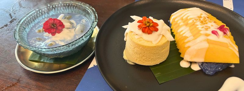 Desserts: Mango sticky rice with mango ice cream and fresh mango