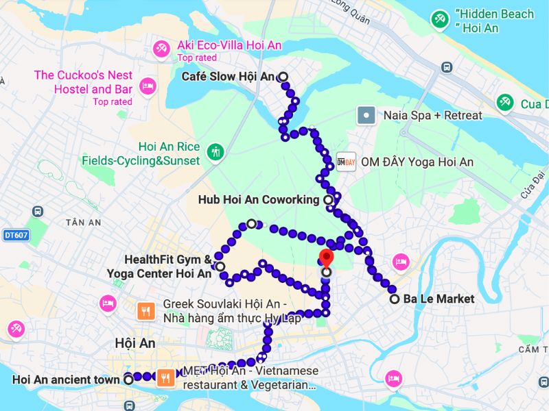 My route for the day. The big green patch is the rice paddy. Red flag is our Co-living space. You can also see Hidden Beach up to the right where we first stayed.