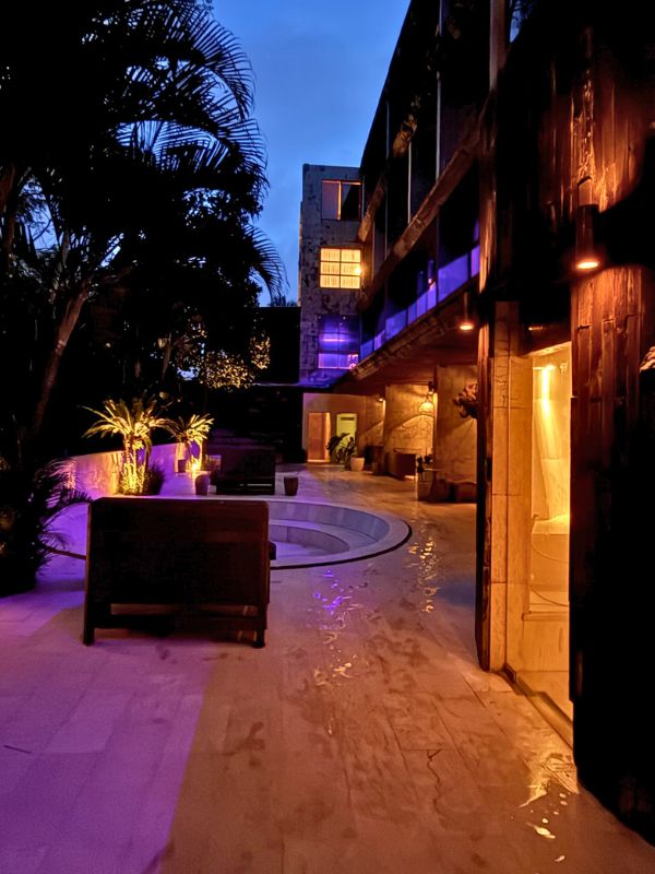 The spa - Turkish hamam steam room on the right, firepit straight ahead, Russian banya and cold plunge further along