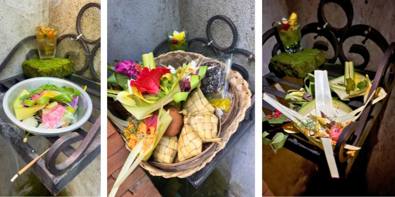 Morning, noon and evening offerings outside our villa door