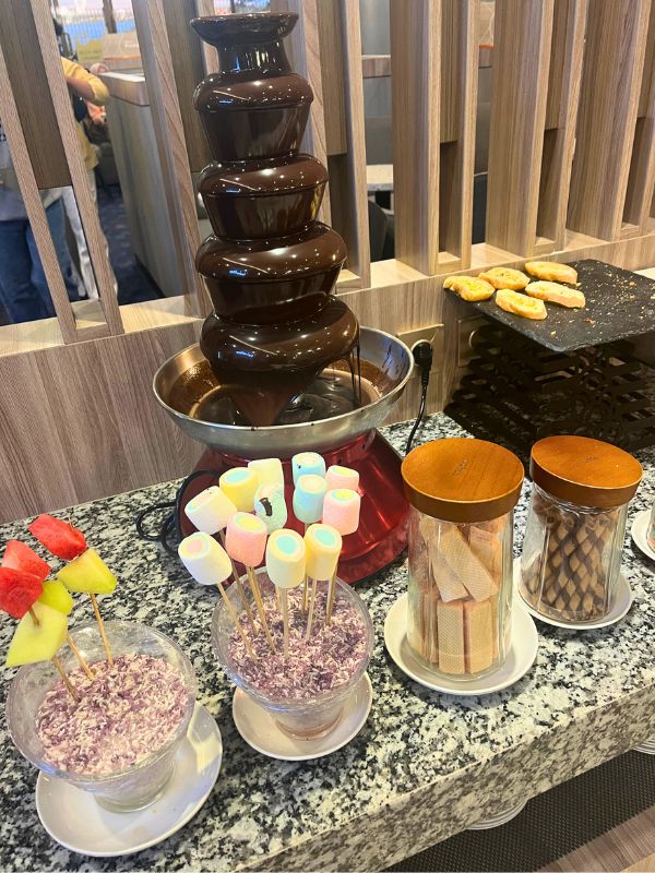 Chocolate fountain with marshmallows and churros